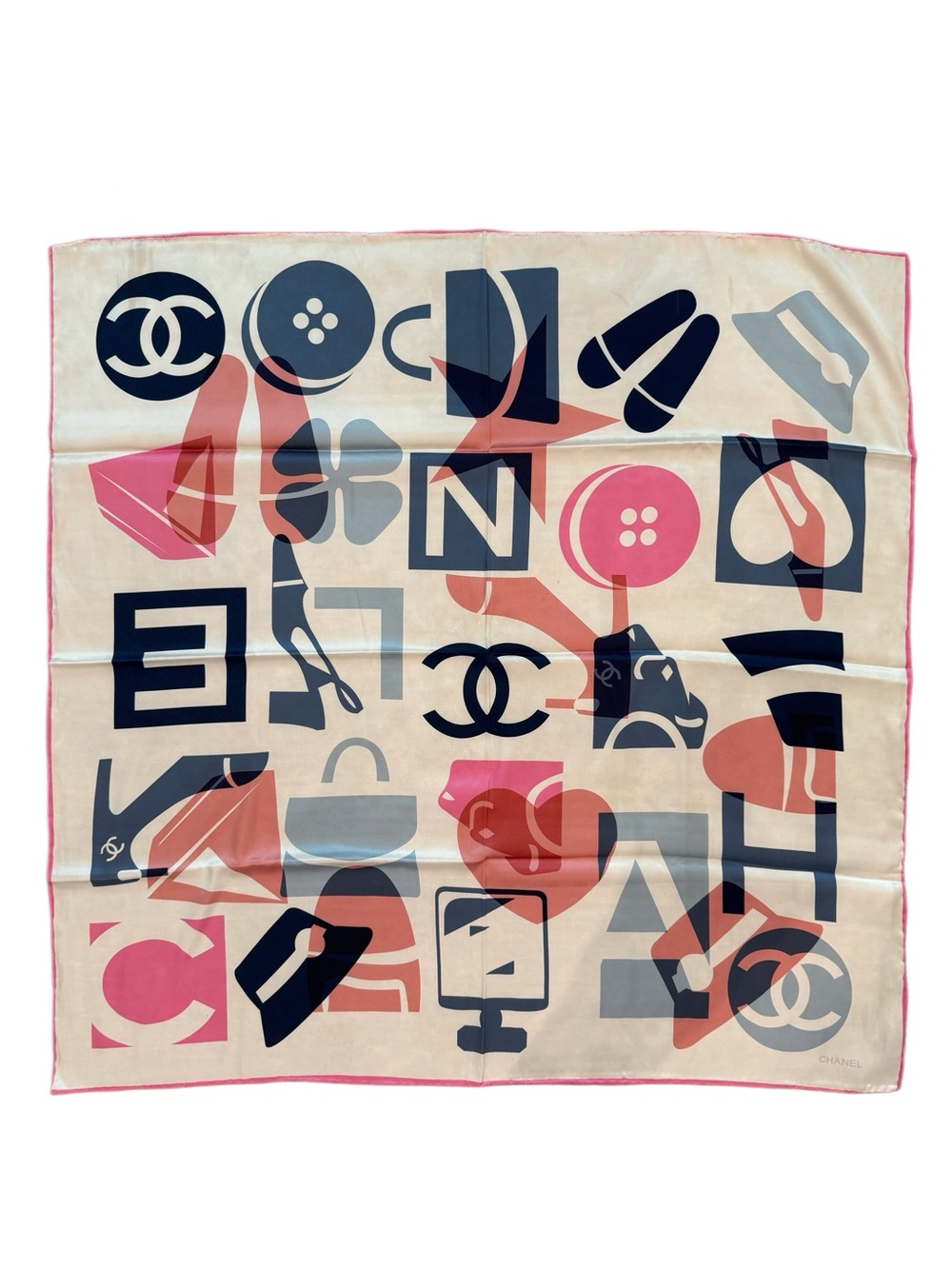 100% Silk 90cm Pink & Navy Graphic Silk Scarf